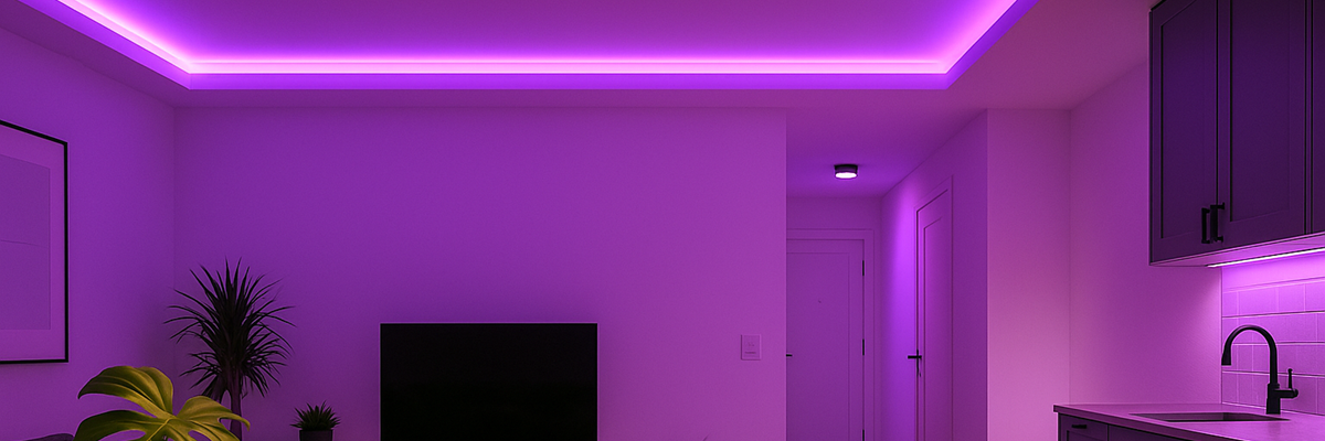 Violette LED-Beleuchtung im Wohnraum – Farbfolien von Folien-Fischer in Düsseldorf, Magdeburg, Rostock, Mainz und Paderborn.