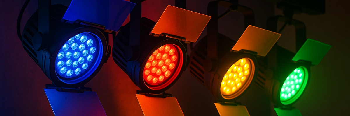 LED-Scheinwerfer mit farbigen Filtern – RGB-Lichttechnik von Folien-Fischer in Hannover, Düsseldorf, Oldenburg, Trier und Bonn.